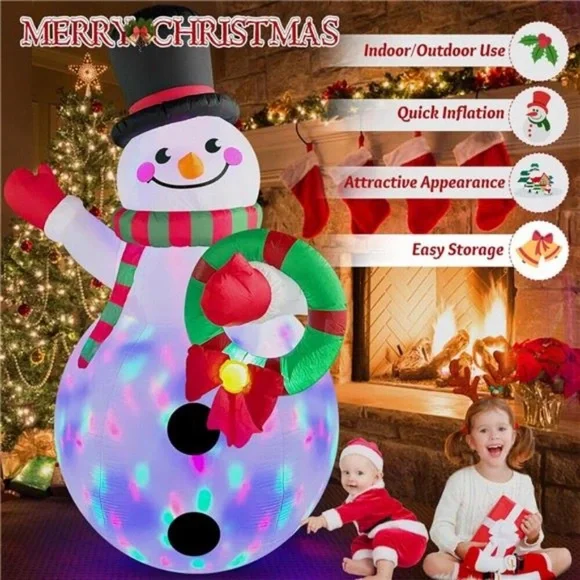 8FT Christmas Inflatables Outdoor Decor, Snowman Holding Garland Blow Up